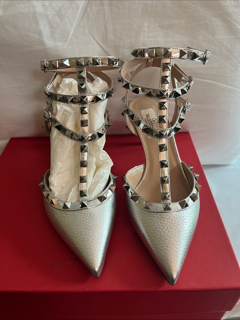 Valentino Metallic Silver Rockstud T-Strap Pointed Pumps